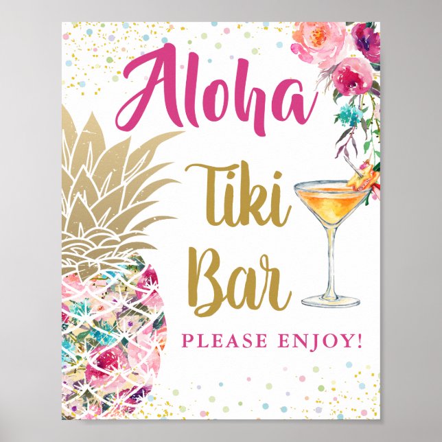 Aloha Tropical Pineapple Pink Floral Tiki Bar Sign (Front)