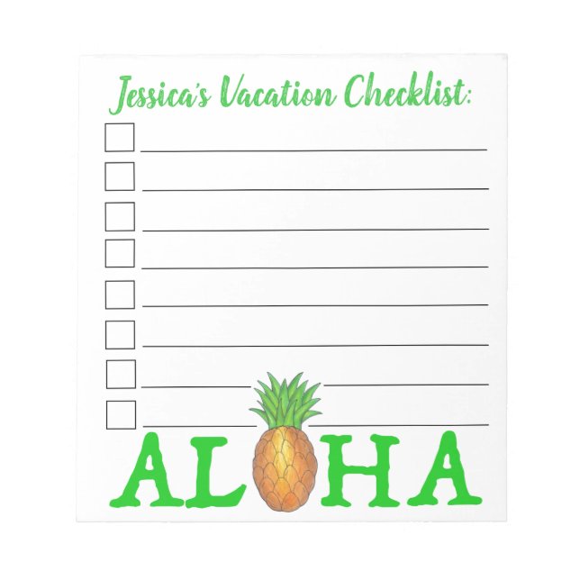 ALOHA Tropical Pineapple Vacation Checklist Notepad (Front)