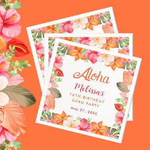 Aloha Tropical Pink & Coral Floral Luau Birthday  Napkin