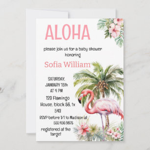 aloha tropical pink flamingo baby shower invitation