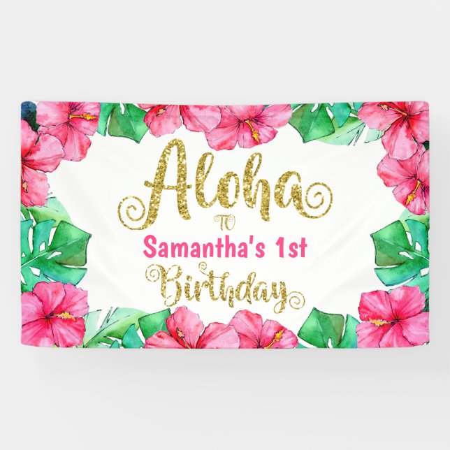 Aloha Tropical Pink Floral Birthday Party   Banner (Horizontal)