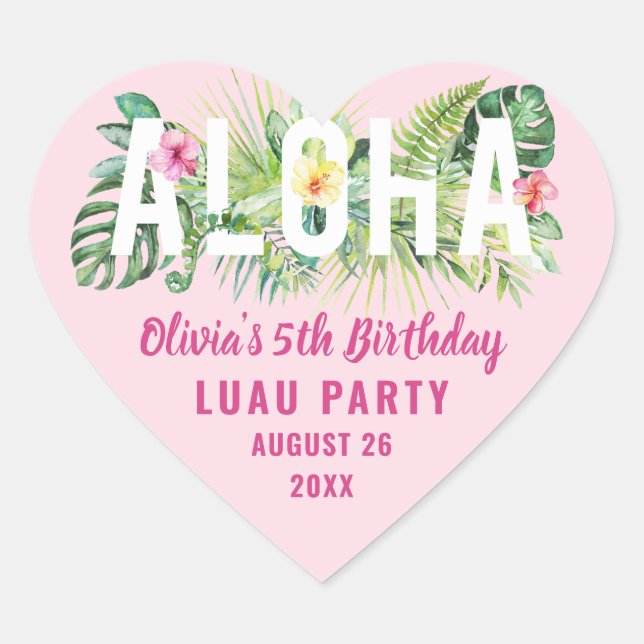 Aloha Tropical Pink Floral Birthday Party Favour Heart Sticker (Front)