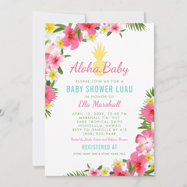 Aloha Tropical Pink Floral Pineapple Baby Shower Invitation (Front)