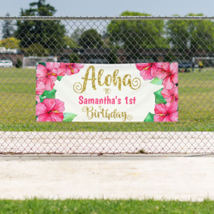 Aloha Tropical Pink Gold Birthday Party Banner