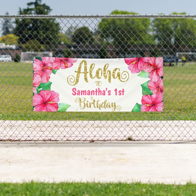 Aloha Tropical Pink Gold Birthday Party   Banner (Insitu)