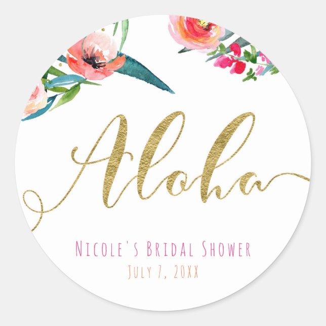 Aloha Tropical Summer Floral Bridal Shower Favour Classic Round Sticker (Front)
