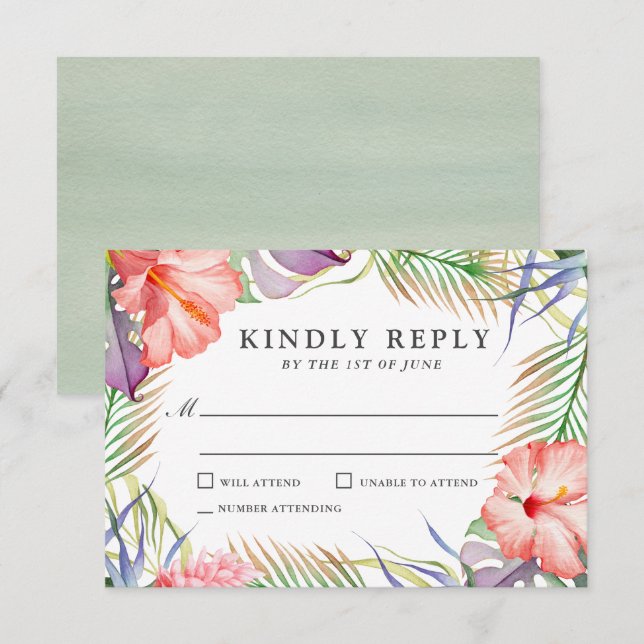 Aloha Tropical Watercolor Floral Wedding RSVP Card (Front/Back)