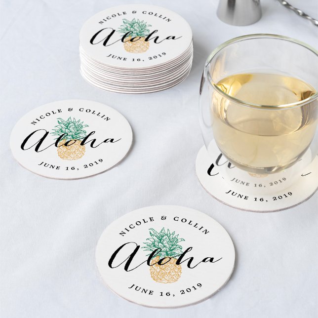 Aloha Tropical Watercolor Pineapple Round Paper Coaster (Creator Uploaded)