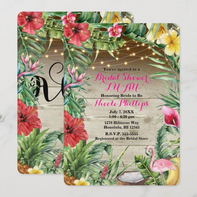 Aloha Tropical Wood Floral Leaves & Lights Bridal Invitation (Front/Back)