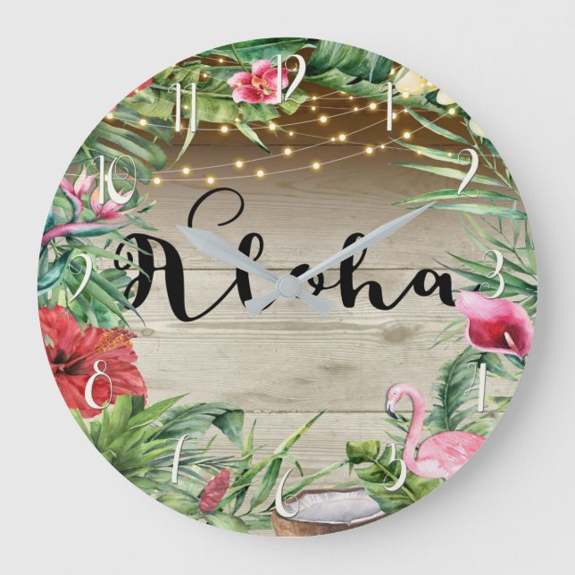 Aloha Tropical Wood Floral Leaves & Lights Chic Large Clock (Front)