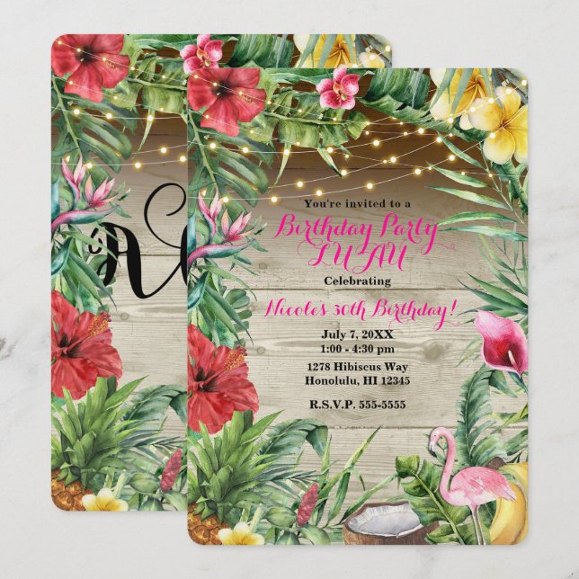 Aloha Tropical Wood Floral Leaves & Lights Luau Invitation (Front/Back)