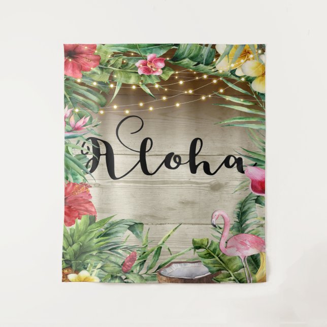 Aloha Tropical Wood Floral Leaves & Lights Luau Tapestry (Front)
