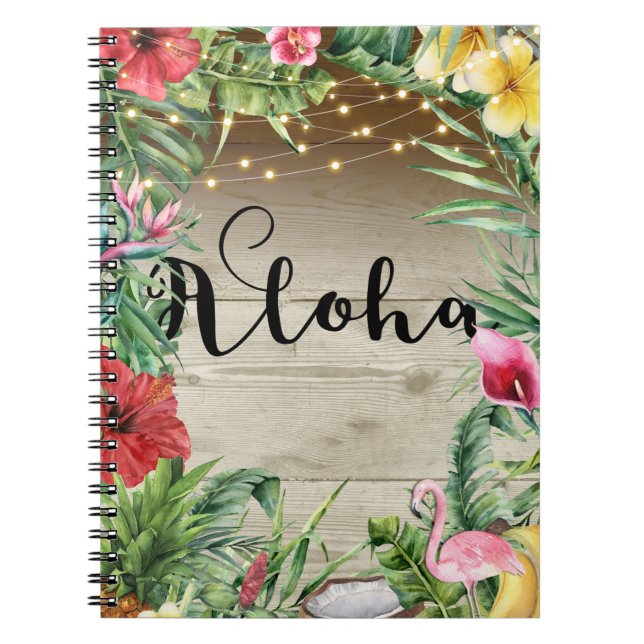 Aloha Tropical Wood Floral Leaves & Lights Summer Notebook (Front)