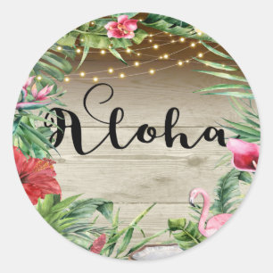 Aloha Tropical Wood Floral Leaves & Lights Wedding Classic Round Sticker