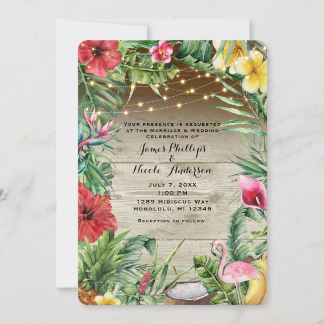 Aloha Tropical Wood Floral Leaves & Lights Wedding Invitation (Front)