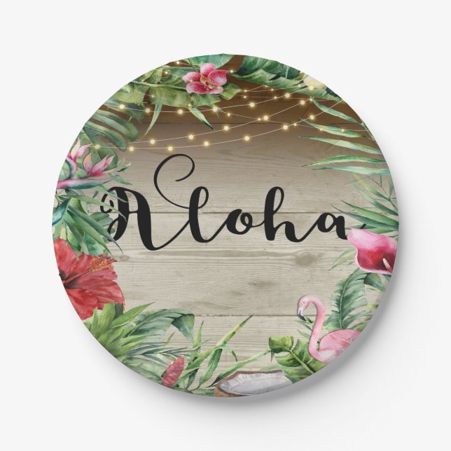 Aloha Tropical Wood Floral Leaves & Lights Wedding Paper Plate (Front)