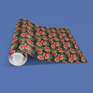 Aloha Ula Red Hibiscus Floral Pattern Wrapping Paper