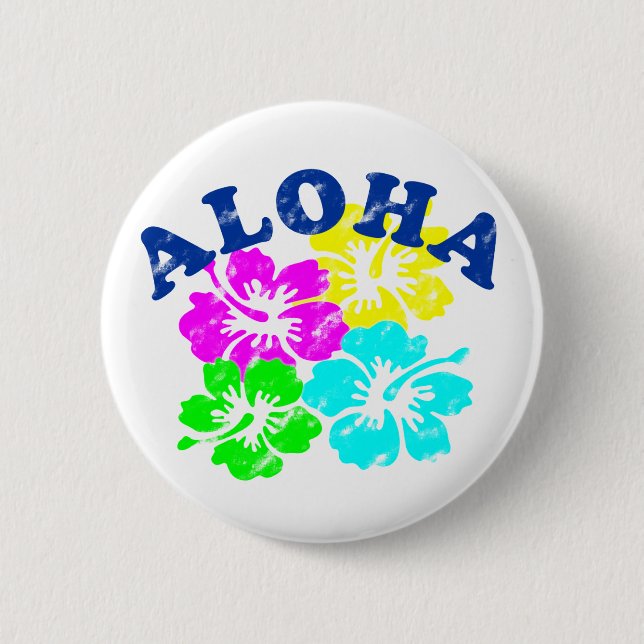 Aloha Vintage Pinback Button Pink Yellow GreenBlue (Front)