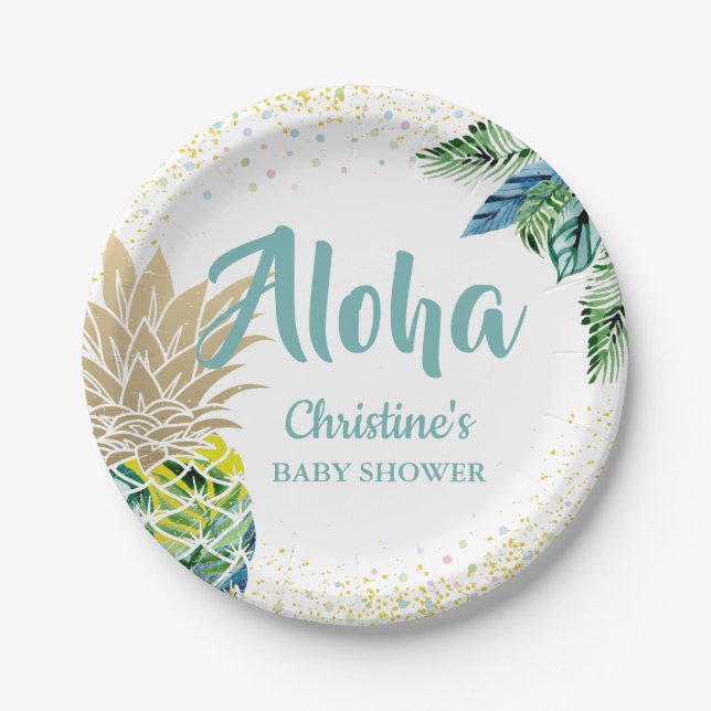 Aloha Watercolor Tropical Pineapple Paper Plates (Front)