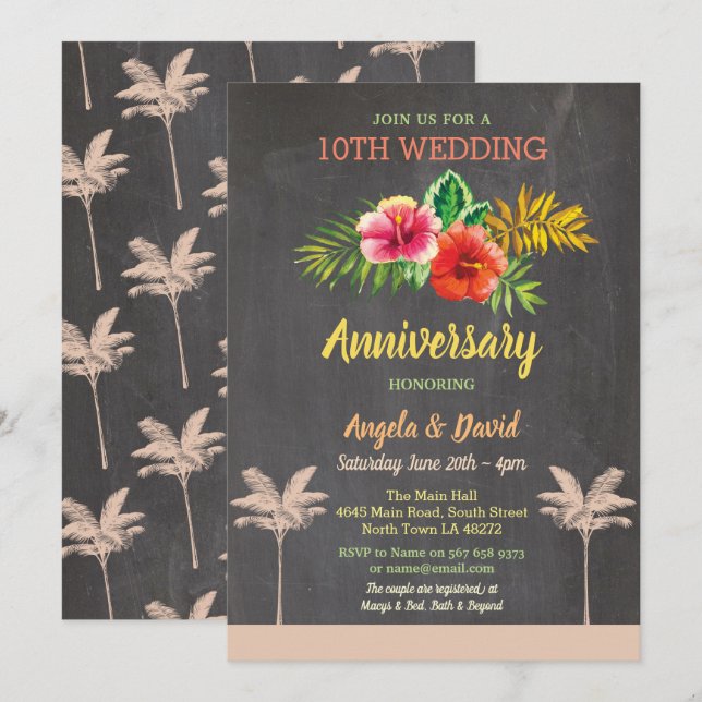 Aloha Wedding Anniversary Tropical Chalk Invite (Front/Back)