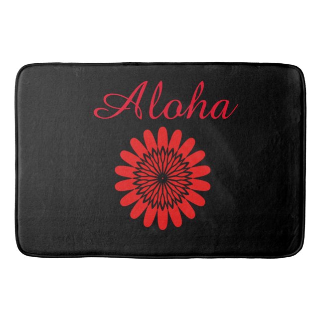Aloha Welcome Tropical Hawaiian Floral Red Black Bath Mat (Front)