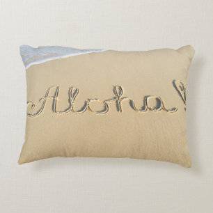 Aloha word sign on the beach sand decorative cushion