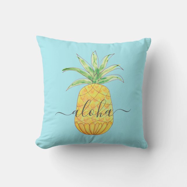 Aloha Yellow Watercolor Pineapple   Cushion (Front)