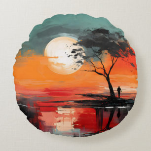 Alone by the Lake – Solitude at Sunset Round Cushion