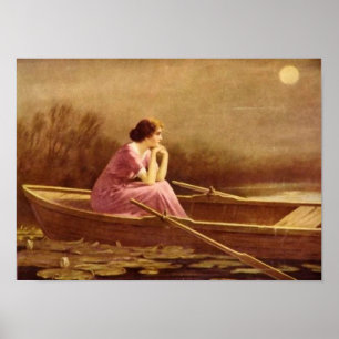 ALONE/Lady on a boat/Vintage Art Poster