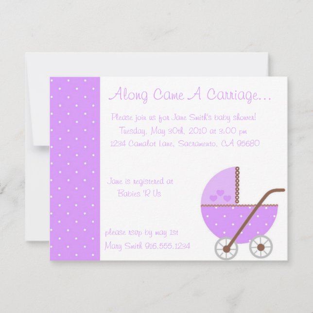 Along Came A Carriage Purple Baby Shower Invitatio Invitation (Front)