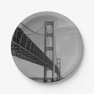 Along Mackinac Bridge Grayscale Paper Plate