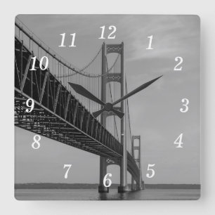 Along Mackinac Bridge Grayscale Wall Clock