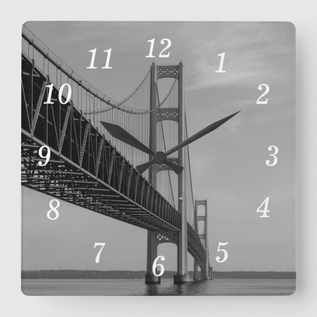 Along Mackinac Bridge Grayscale Wall Clock (Front)