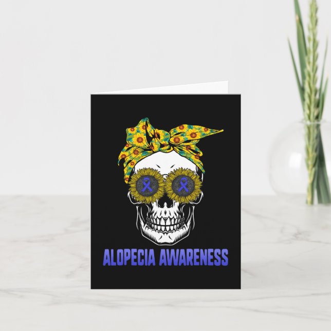 Alopecia Awareness Blue Ribbon Hair Loss Skull Sun Card (Front)