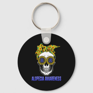 Alopecia Awareness Blue Ribbon Hair Loss Skull Sun Key Ring