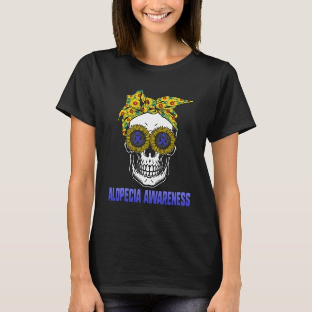 Alopecia Awareness Blue Ribbon Hair Loss Skull Sun T-Shirt (Front)