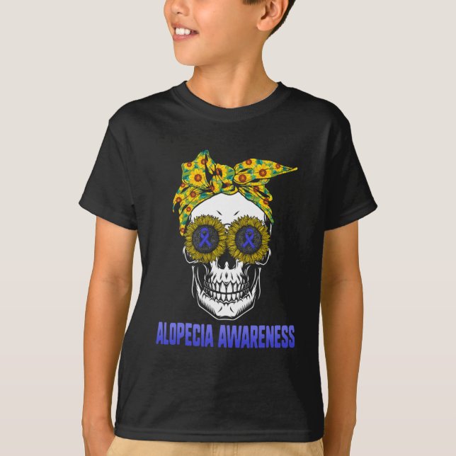 Alopecia Awareness Blue Ribbon Hair Loss Skull Sun T-Shirt (Front)