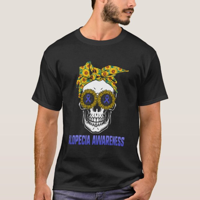 Alopecia Awareness Blue Ribbon Hair Loss Skull Sun T-Shirt (Front)