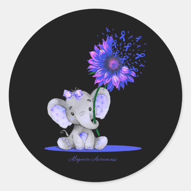 ALOPECIA AWARENESS Cute Elephant Sunflower Blue Ri Classic Round Sticker (Front)