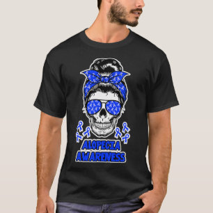 Alopecia Awareness Messy Bun Skull Blue Ribbon for T-Shirt