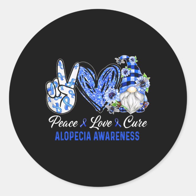 Alopecia Awareness Peace Love Cure Gnome  Classic Round Sticker (Front)
