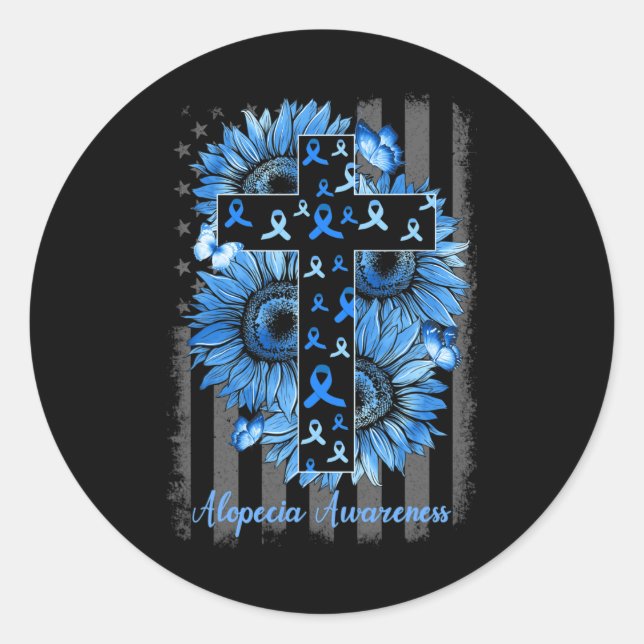 Alopecia Awareness Sunflower American Flag  Classic Round Sticker (Front)