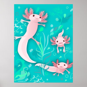 Alotta Pink Axolotls on Teal Poster