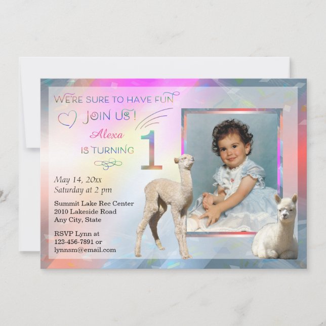 Alpaca Baby Girl 1st Birthday Party Invitations (Front)