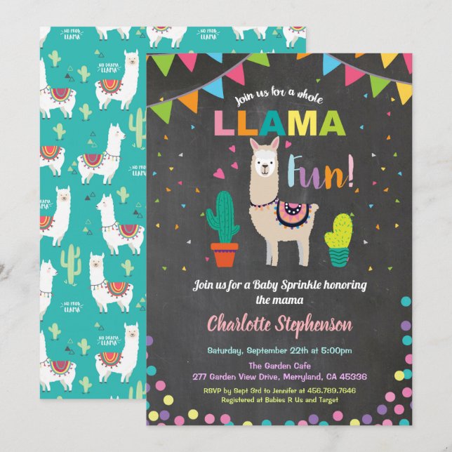 Alpaca baby sprinkle invitation. Baby girl shower Invitation (Front/Back)