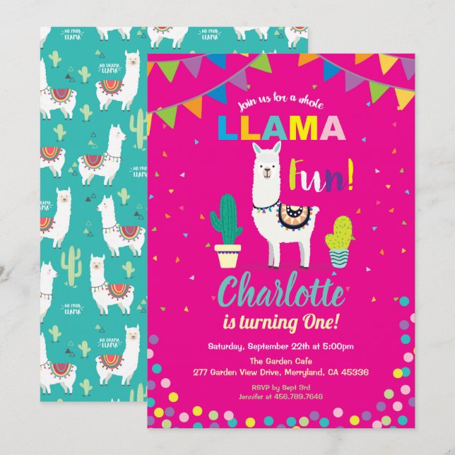 Alpaca birthday invitation girl first 1st bday (Front/Back)
