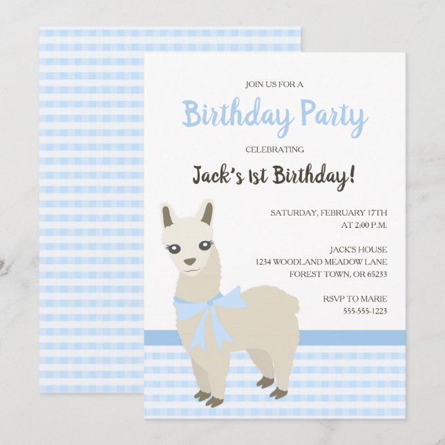 Alpaca Blue Birthday Party Invitation (Front/Back)