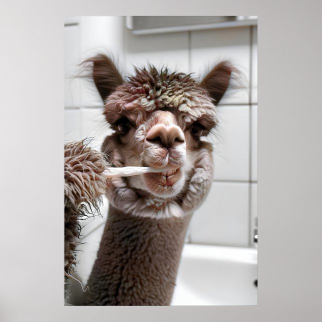 Alpaca Brushing Teeth, Hilarious Bathroom Wall Poster (Front)