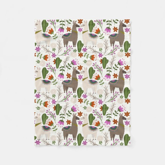 Alpaca Cactus Floral Pattern Animal Lover Fleece Blanket (Front)