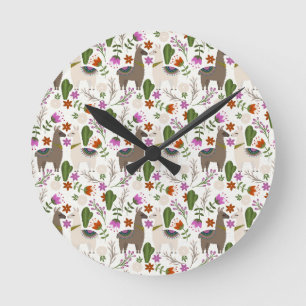 Alpaca Cactus Floral Pattern Animal Lover Round Clock